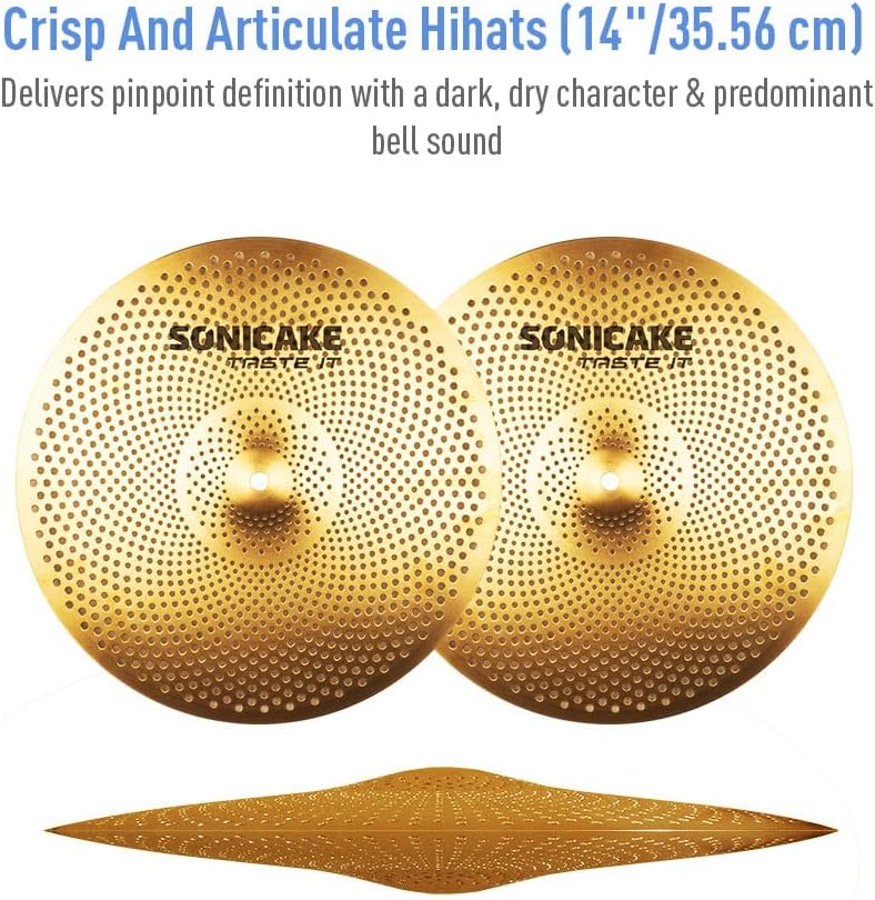 SONICAKE Low Volume Cymbal Pack Quiet Cymbal Set 14"Hi-hats+16"Crash+18"Crash+20"Ride 5 Pcs Mute Drum Cymbal Set with Bag and Felts for Practice, Golden - Image 3